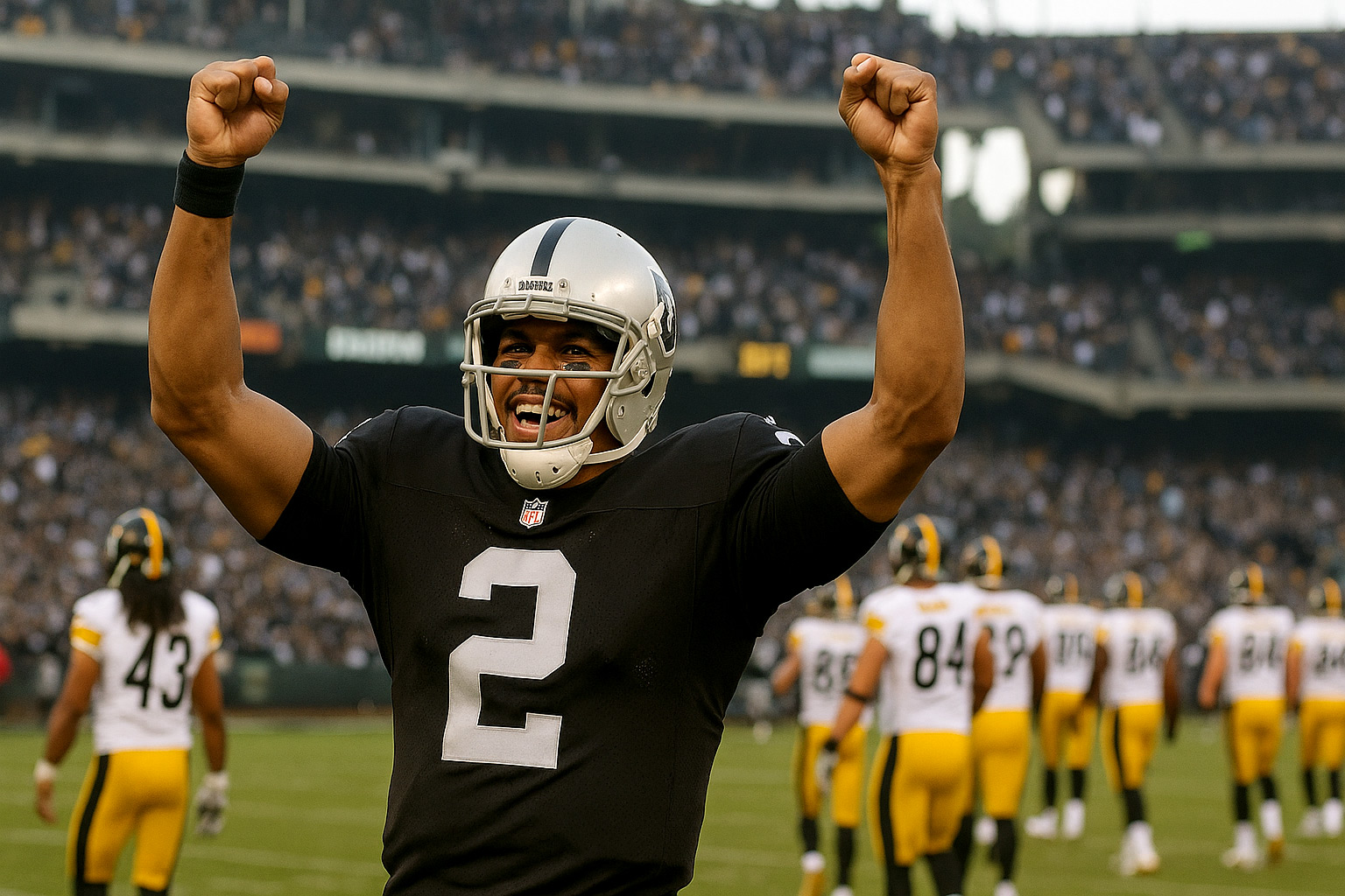 Terrelle Pryor celebrates as he and the Raiders stun the Steelers