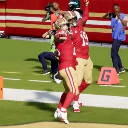 San Francisco 49ers running back Christian McCaffrey celebrates after scoring another touchdown against the Philadelphia Eagles.