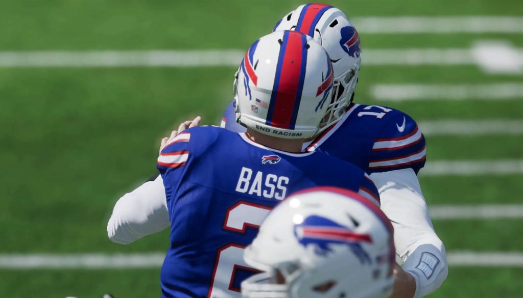 Buffalo Bills kicker Tyler Bass celebrates as his game winning field goal is good.