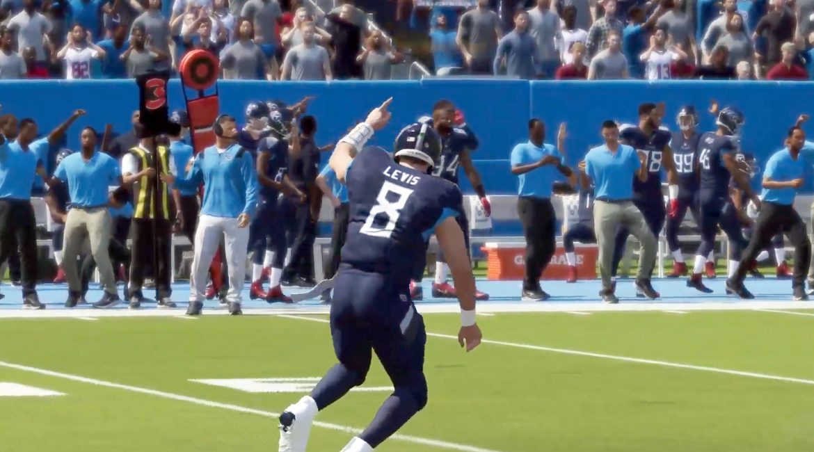 Titans quarterback Will Levis celebrates after throwing a touchdown against the Texans in week 18