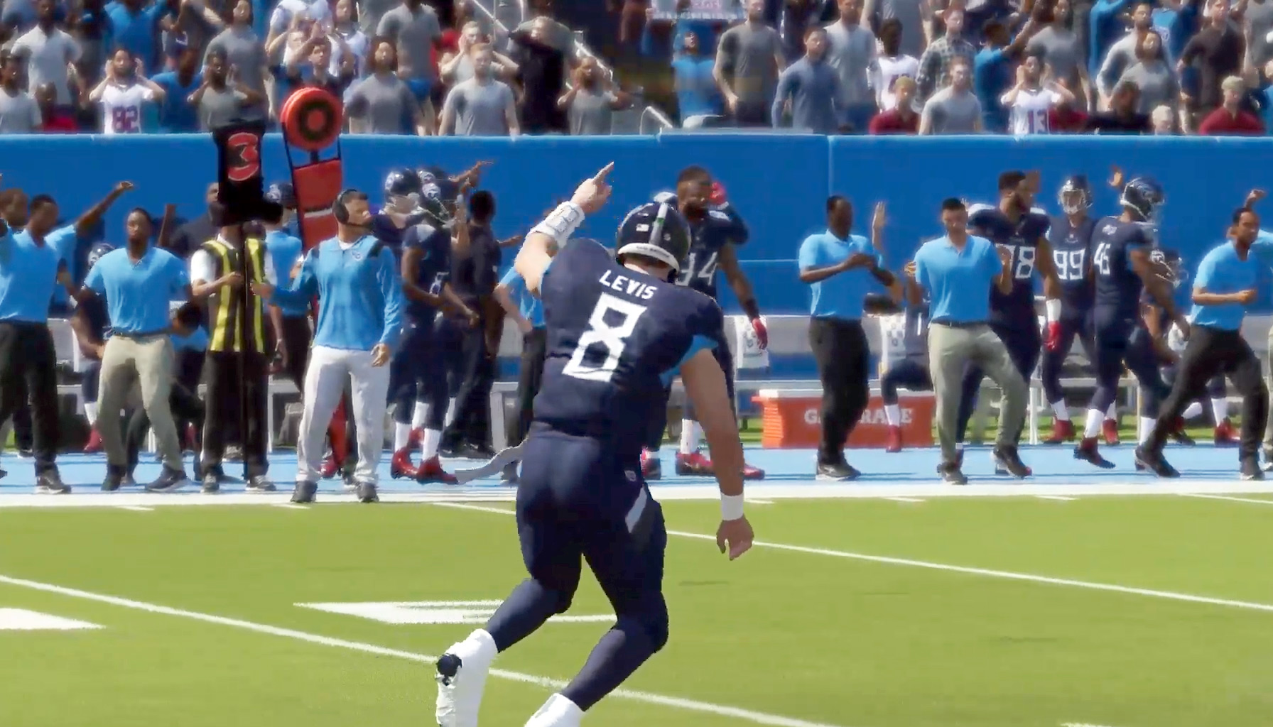 Titans quarterback Will Levis celebrates after throwing a touchdown against the Texans in week 18