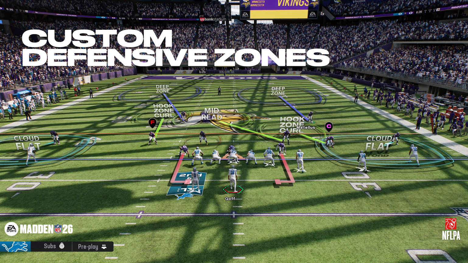 Custom Defensive Zones in Madden 26: The screenshot shows a football field with players in defensive positions, highlighting zones such as Hook Zone, Mid Read, and Deep Zone.