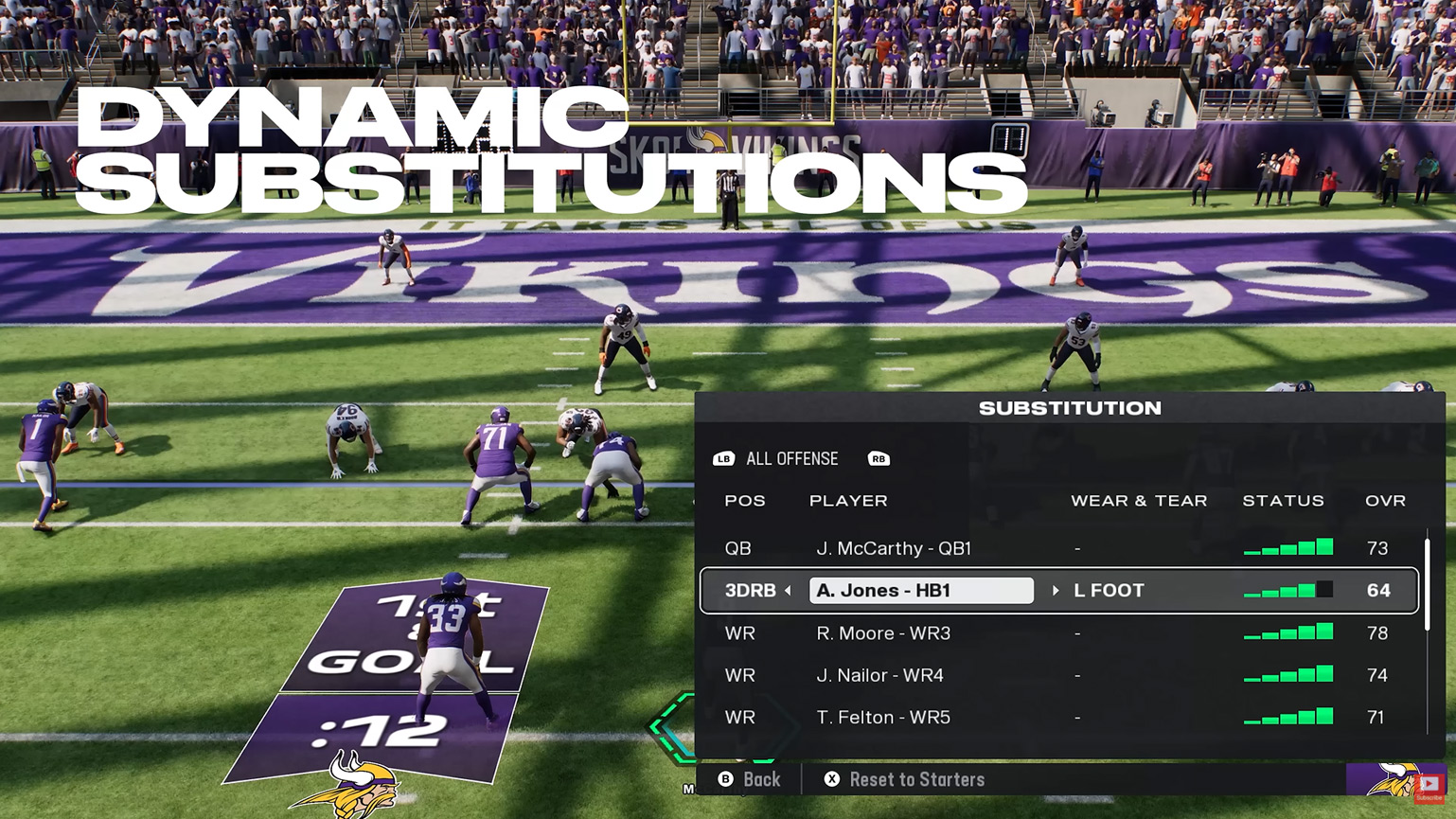 Screenshot of Madden NFL 26 showing the new dynamic substitutions window.