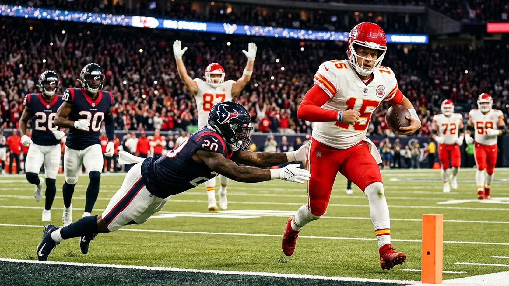 Patrick Mahomes scores a rushing touchdown against the Texans.