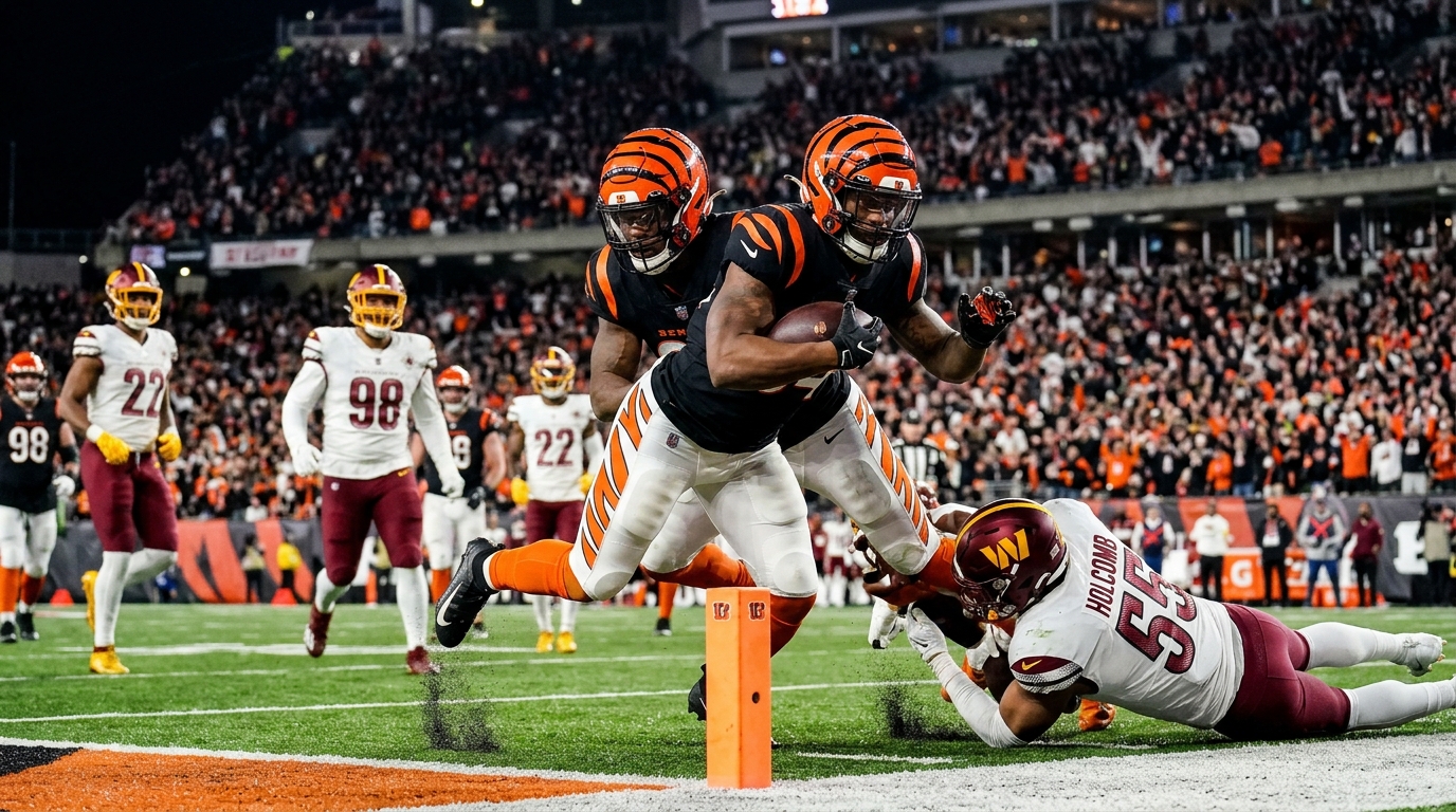 AI-generated illustration of Samaje Perine scoring a touchdown from the Cincinnati Bengals vs. Washington Commanders Week 11 game.