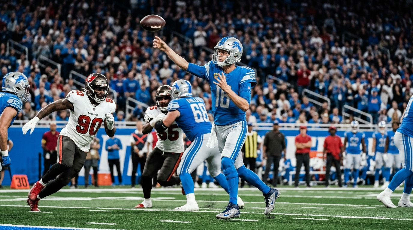 AI-generated illustration of Jared Goff throwing a pass from the Detroit Lions vs. Tampa Bay Buccaneers Week 11 game.