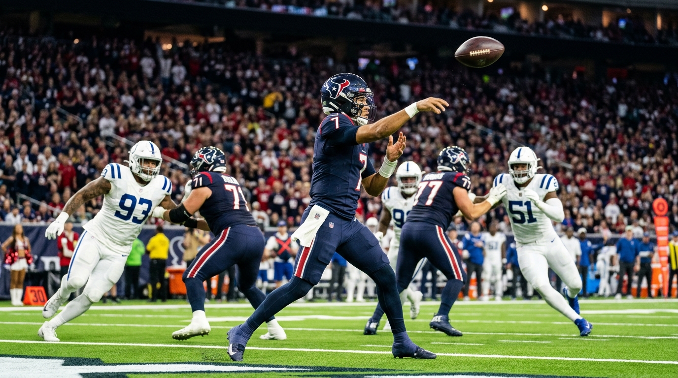 AI-generated illustration of C.J. Stroud throwing a pass from the Houston Texans vs. Indianapolis Colts Week 11 game.
