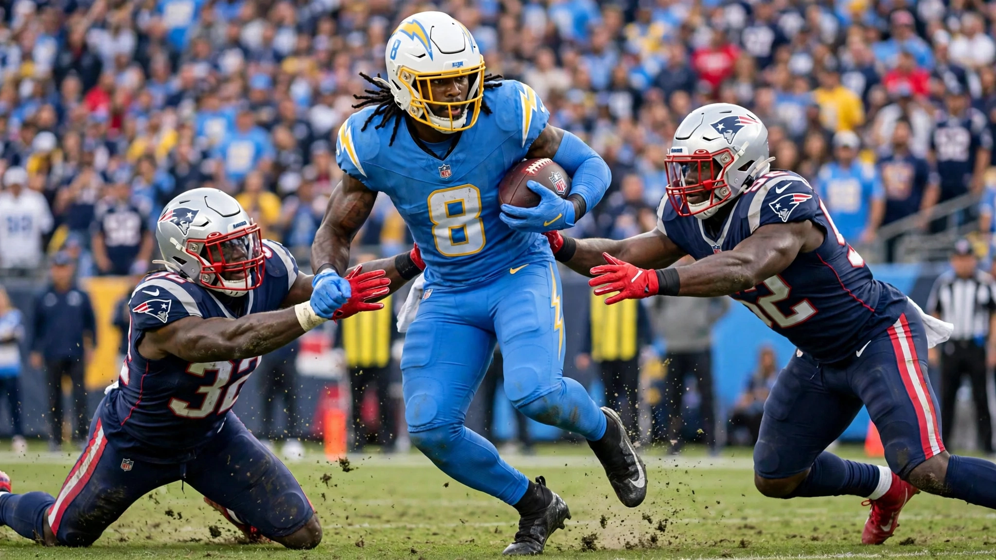 AI-generated illustration of Omarion Hampton rushing with the ball from the Los Angeles Chargers vs. New England Patriots Week 12 game.