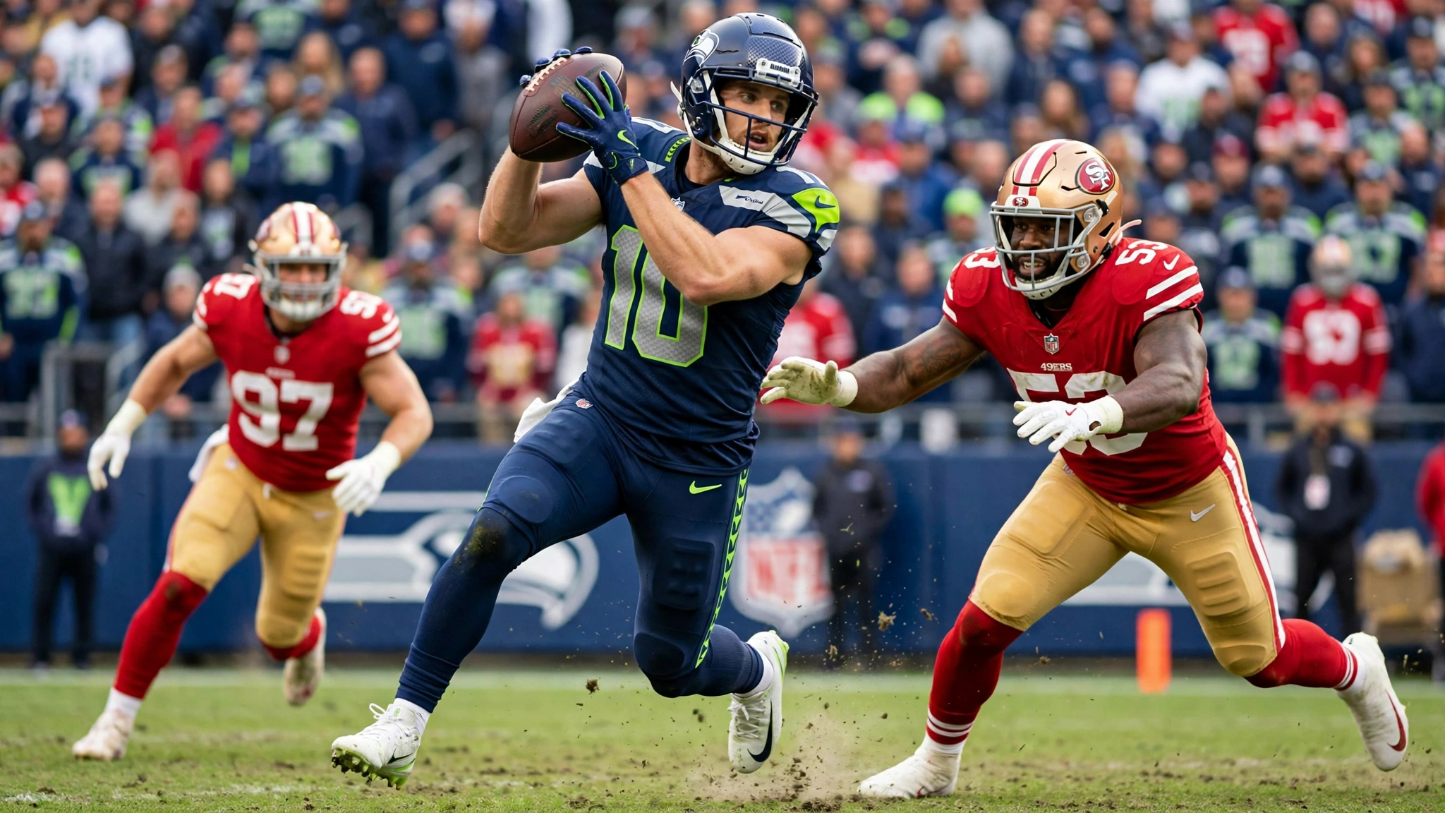 AI-generated illustration of Cooper Kupp catching a pass from the Seattle Seahawks vs. San Francisco 49ers Week 12 game.