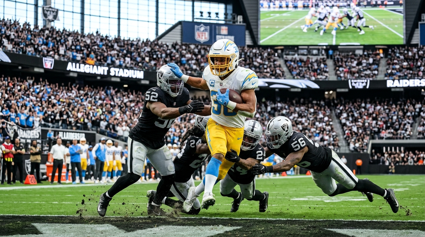 AI-generated illustration of a Los Angeles Chargers ball carrier breaking through Las Vegas Raiders defenders at Allegiant Stadium.